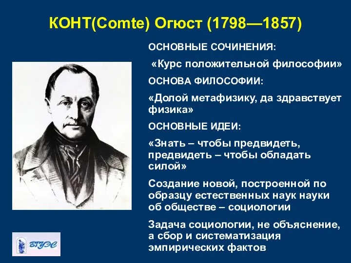 КОНТ(Comte) Огюст (1798—1857) ОСНОВНЫЕ СОЧИНЕНИЯ: «Курс положительной философии» ОСНОВА ФИЛОСОФИИ: «Долой