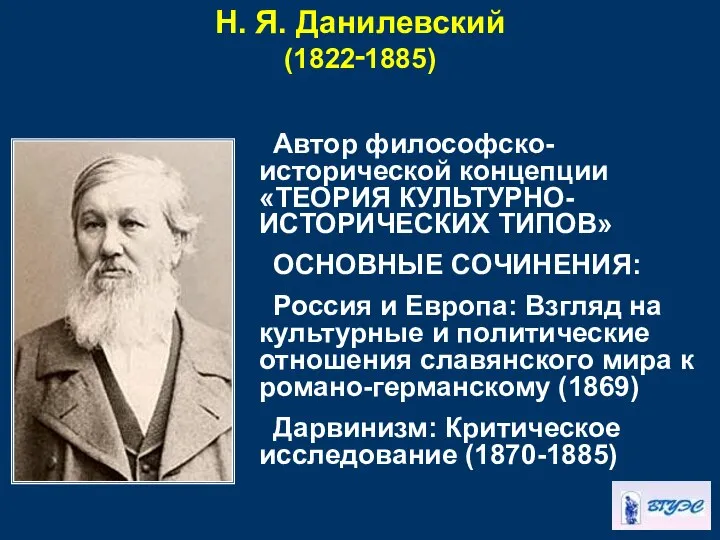 Н. Я. Данилевский (1822‑1885) Автор философско-исторической концепции «ТЕОРИЯ КУЛЬТУРНО-ИСТОРИЧЕСКИХ ТИПОВ» ОСНОВНЫЕ