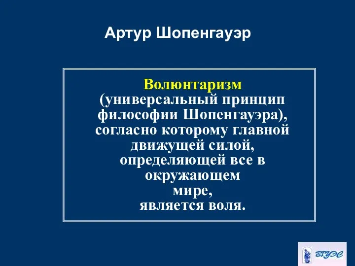 Артур Шопенгауэр Волюнтаризм (универсальный принцип философии Шопенгауэра), согласно которому главной движущей