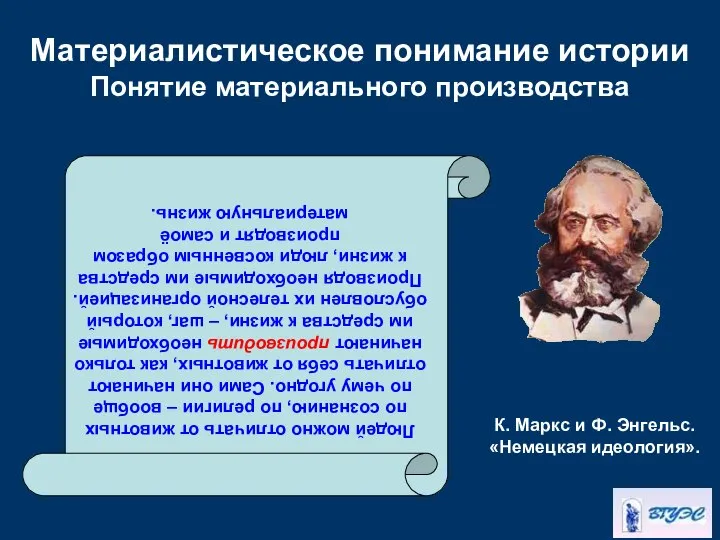 Материалистическое понимание истории Понятие материального производства Людей можно отличать от животных