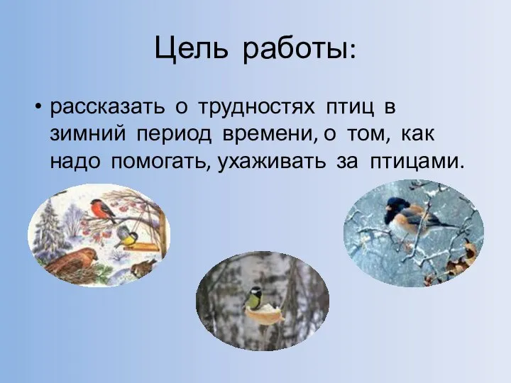 Цель работы: рассказать о трудностях птиц в зимний период времени, о