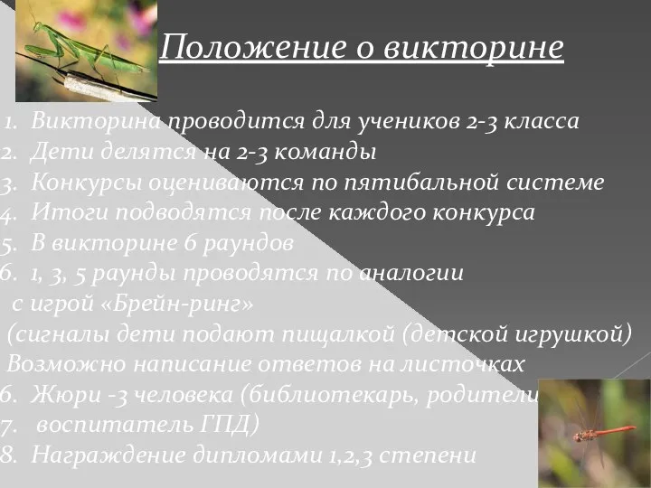 Положение о викторине Викторина проводится для учеников 2-3 класса Дети делятся