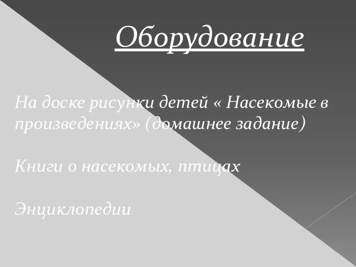 Оборудование На доске рисунки детей « Насекомые в произведениях» (домашнее задание) Книги о насекомых, птицах Энциклопедии