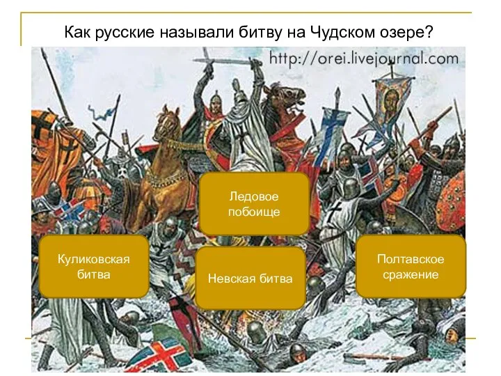 Как русские называли битву на Чудском озере? Ледовое побоище Куликовская битва Полтавское сражение Невская битва