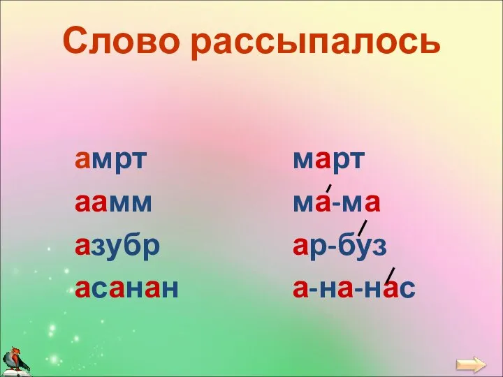 Слово рассыпалось амрт аамм азубр асанан март ма-ма ар-буз а-на-нас