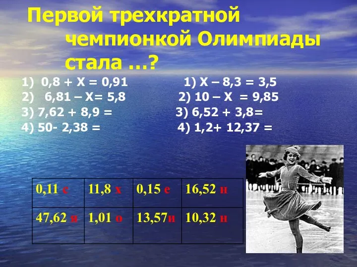 Первой трехкратной чемпионкой Олимпиады стала …? 1) 0,8 + Х =