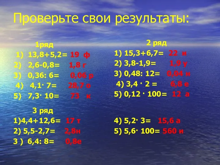 Проверьте свои результаты: 1ряд 1) 13,8+5,2= 19 ф 2) 2,6-0,8= 1,8