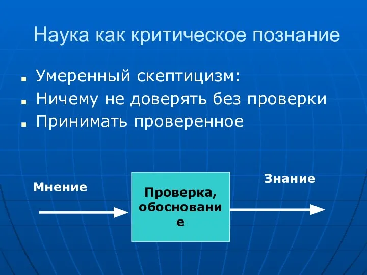 Наука как критическое познание Умеренный скептицизм: Ничему не доверять без проверки