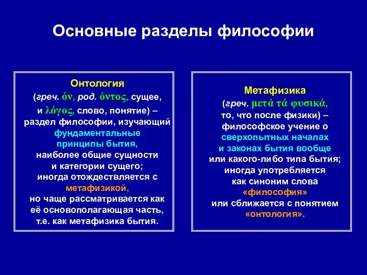 Основные разделы философии Онтология (греч. όν, род. όντος, сущее, и λόγος,