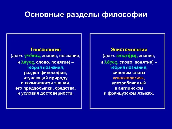 Основные разделы философии Гносеология (греч. γνώσις, знание, познание, и λόγος, слово,