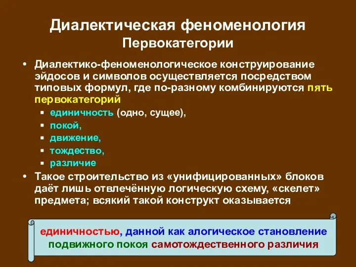 Диалектическая феноменология Первокатегории Диалектико-феноменологическое конструирование эйдосов и символов осуществляется посредством типовых