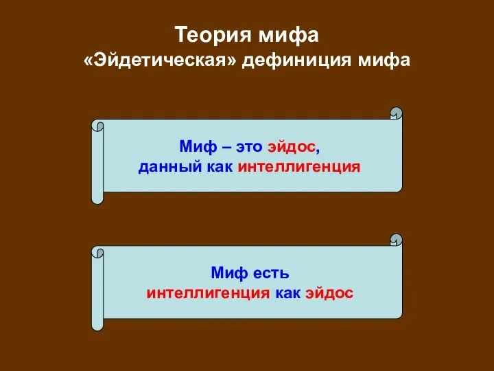 Теория мифа «Эйдетическая» дефиниция мифа Миф – это эйдос, данный как