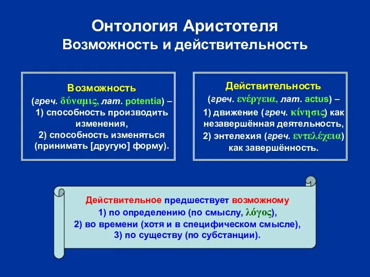 Онтология Аристотеля Возможность и действительность Возможность (греч. δύναμις, лат. potentia) –