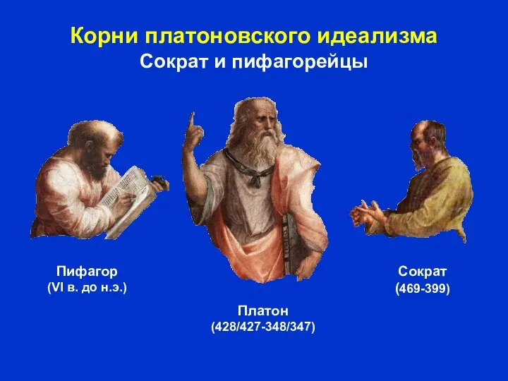 Корни платоновского идеализма Сократ и пифагорейцы Пифагор (VI в. до н.э.) Платон (428/427-348/347) Сократ (469-399)