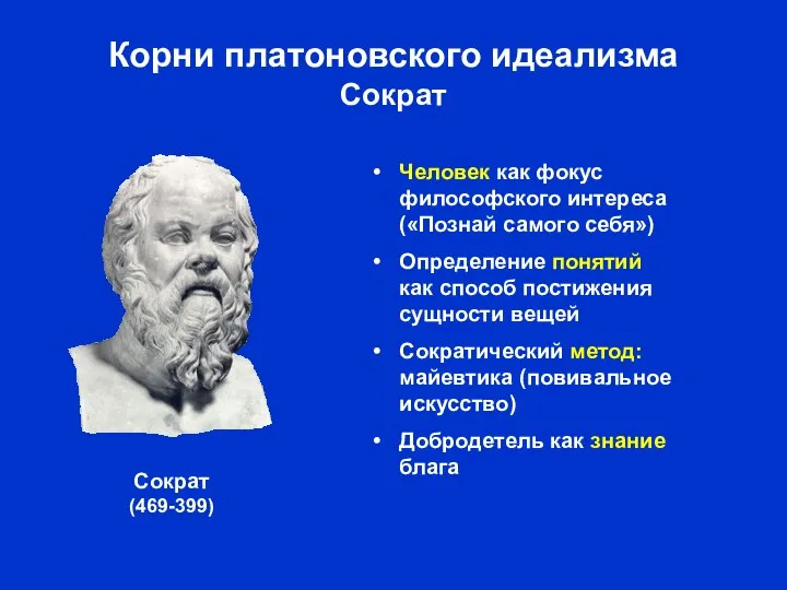 Корни платоновского идеализма Сократ Человек как фокус философского интереса («Познай самого