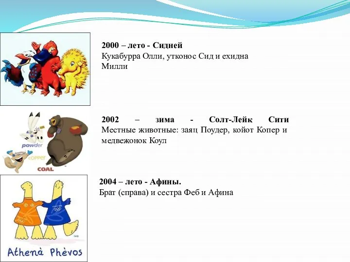 2000 – лето - Сидней Кукабурра Олли, утконос Сид и ехидна