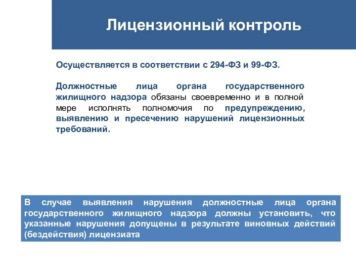 Лицензионный контроль Осуществляется в соответствии с 294-ФЗ и 99-ФЗ. Должностные лица