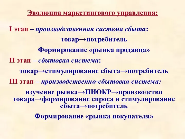 I этап – производственная система сбыта: товар→потребитель Формирование «рынка продавца» II