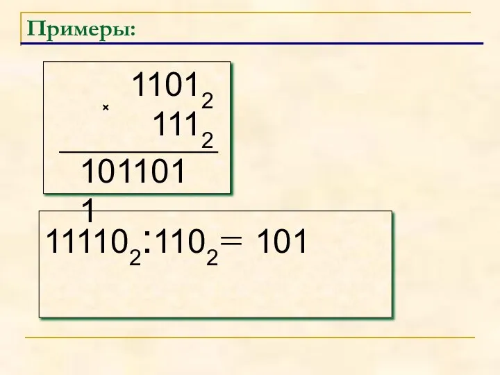 Примеры: × 111102:1102= 1011011 101