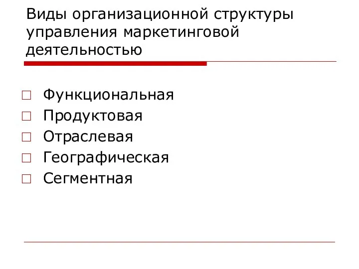 Виды организационной структуры управления маркетинговой деятельностью Функциональная Продуктовая Отраслевая Географическая Сегментная