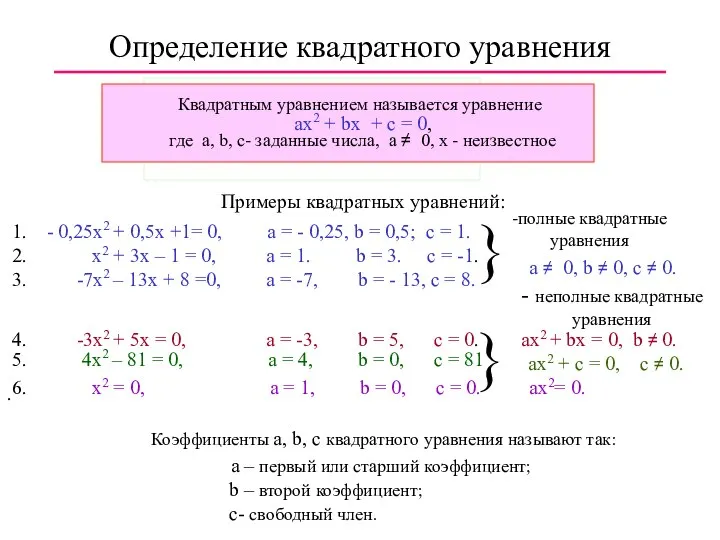 Определение квадратного уравнения Квадратным уравнением называется уравнение ax2 + bx +