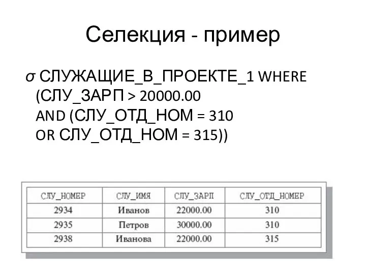 Селекция - пример σ СЛУЖАЩИЕ_В_ПРОЕКТЕ_1 WHERE (СЛУ_ЗАРП > 20000.00 AND (СЛУ_ОТД_НОМ