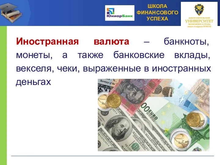 Иностранная валюта – банкноты, монеты, а также банковские вклады, векселя, чеки, выраженные в иностранных деньгах