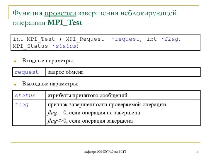 кафедра ЮНЕСКО по НИТ Функция проверки завершения неблокирующей операции MPI_Test Входные параметры: Выходные параметры: