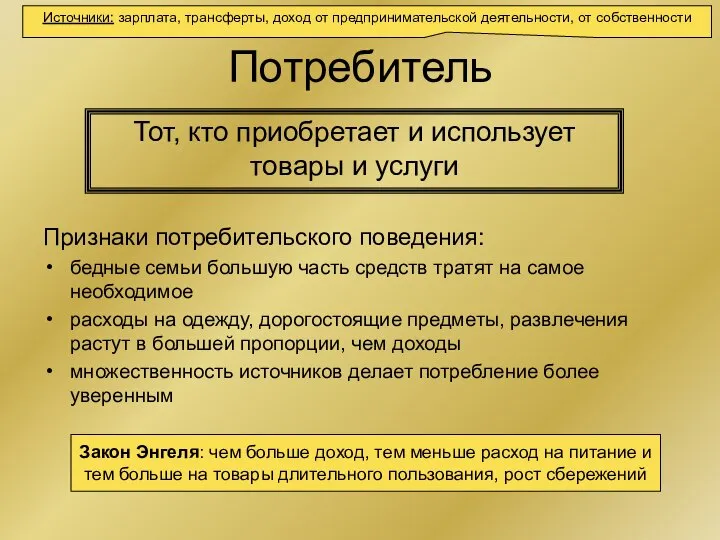 Потребитель Признаки потребительского поведения: бедные семьи большую часть средств тратят на