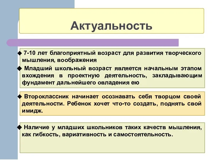 Актуальность 7-10 лет благоприятный возраст для развития творческого мышления, воображения Младший