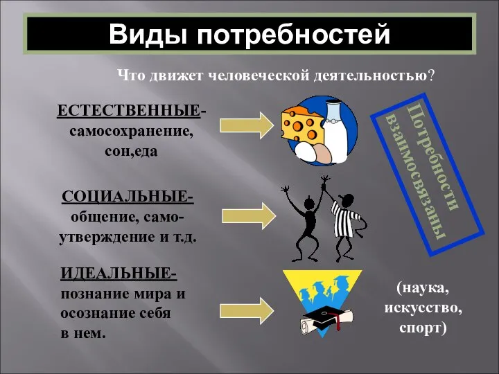 Виды потребностей Что движет человеческой деятельностью? Потребности взаимосвязаны