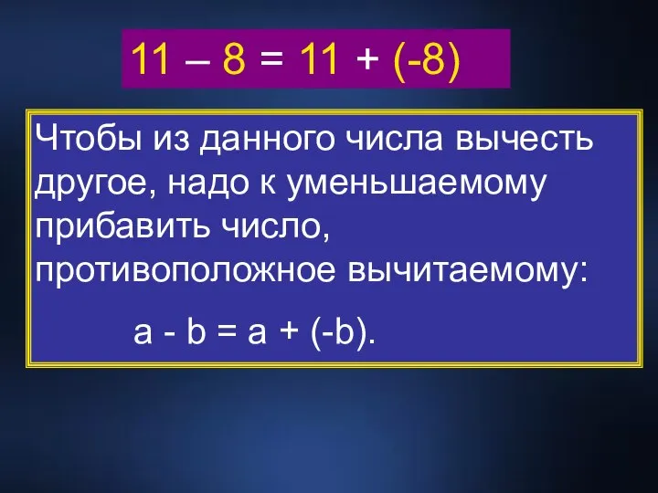 11 – 8 = 11 + (-8) Чтобы из данного числа
