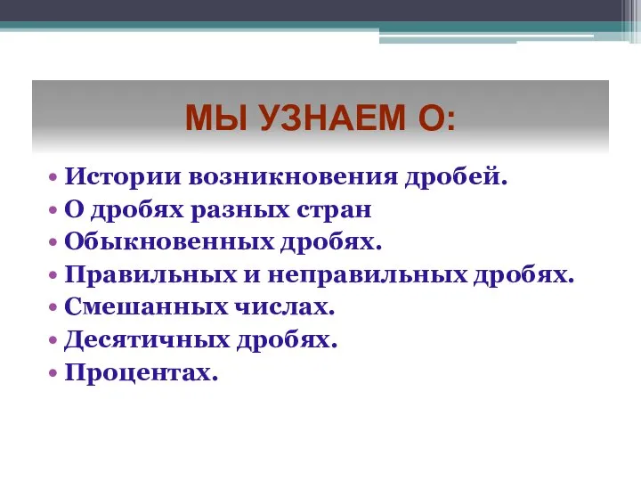 Мы узнаем о: Истории возникновения дробей. О дробях разных стран Обыкновенных