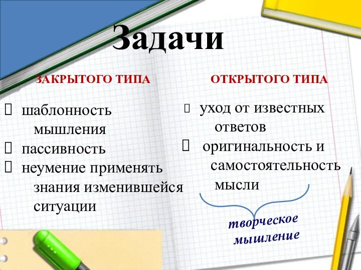 ОТКРЫТОГО ТИПА ЗАКРЫТОГО ТИПА шаблонность мышления пассивность неумение применять знания изменившейся