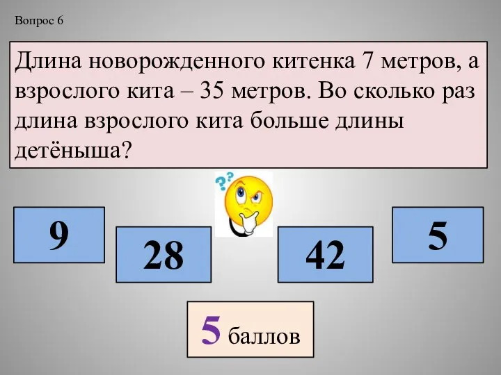 Длина новорожденного китенка 7 метров, а взрослого кита – 35 метров.