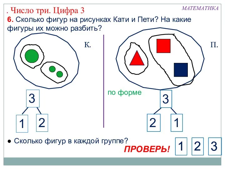 3 2 6. Сколько фигур на рисунках Кати и Пети? На