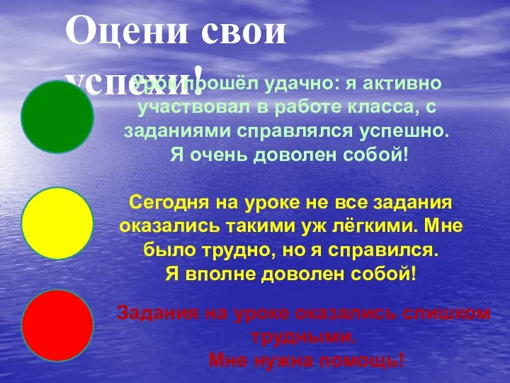 Оцени свои успехи! Урок прошёл удачно: я активно участвовал в работе