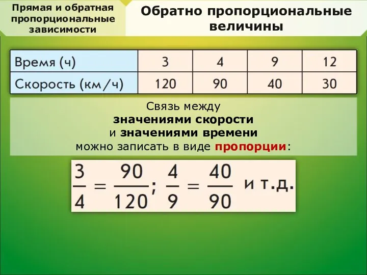 Прямая и обратная пропорциональные зависимости Обратно пропорциональные величины Связь между значениями