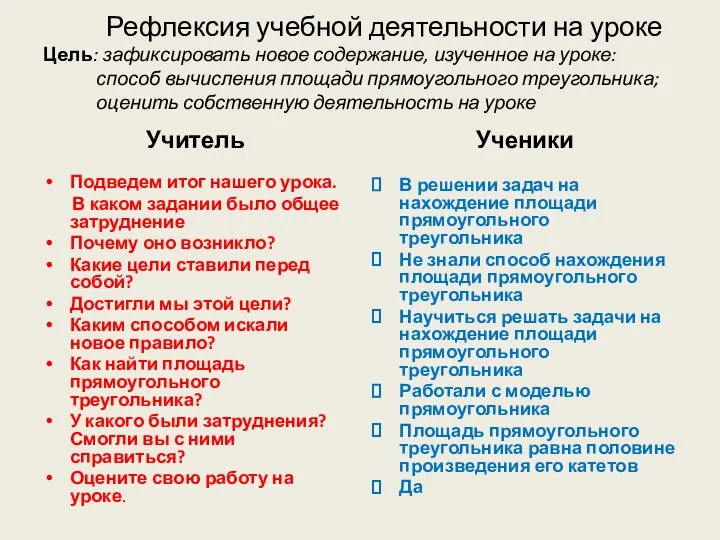 Рефлексия учебной деятельности на уроке Цель: зафиксировать новое содержание, изученное на