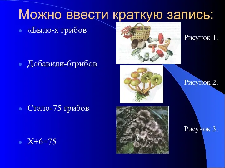Можно ввести краткую запись: «Было-х грибов Добавили-6грибов Стало-75 грибов Х+6=75 Рисунок 1. Рисунок 2. Рисунок 3.