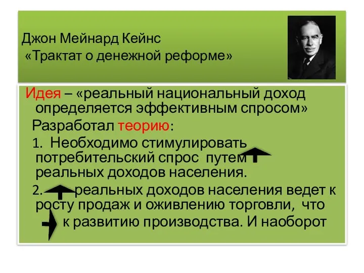 Джон Мейнард Кейнс «Трактат о денежной реформе» Идея – «реальный национальный
