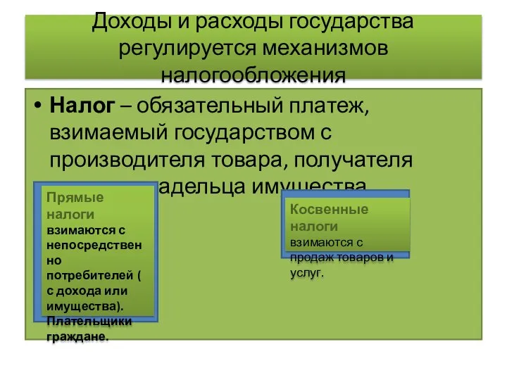 Доходы и расходы государства регулируется механизмов налогообложения Налог – обязательный платеж,