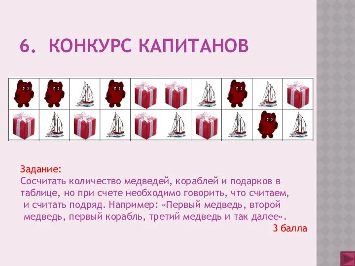 6. Конкурс капитанов Задание: Сосчитать количество медведей, кораблей и подарков в