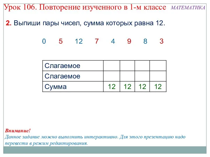 2. Выпиши пары чисел, сумма которых равна 12. Внимание! Данное задание