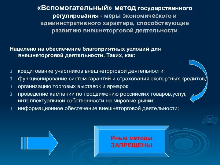 «Вспомогательный» метод государственного регулирования - меры экономического и административного характера, способствующие