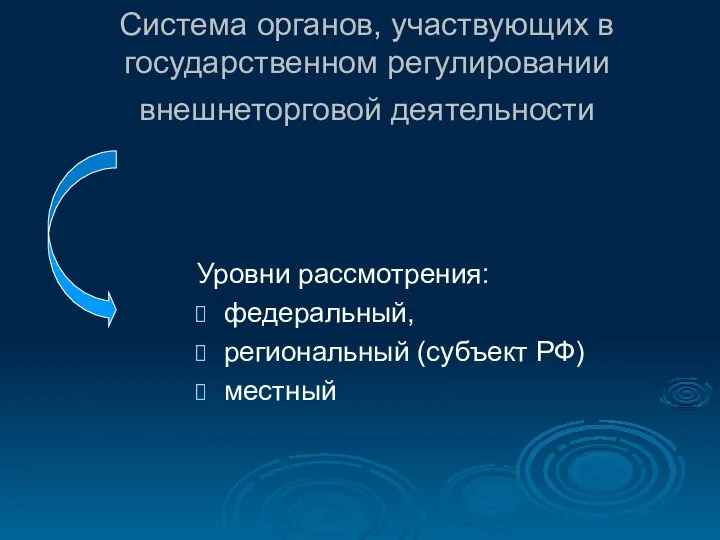 Система органов, участвующих в государственном регулировании внешнеторговой деятельности Уровни рассмотрения: федеральный, региональный (субъект РФ) местный