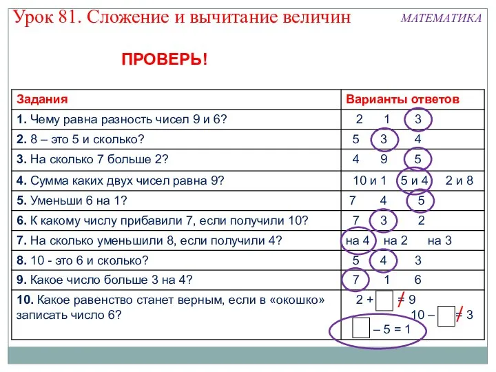 6 7 6 Урок 81. Сложение и вычитание величин МАТЕМАТИКА / / ПРОВЕРЬ!