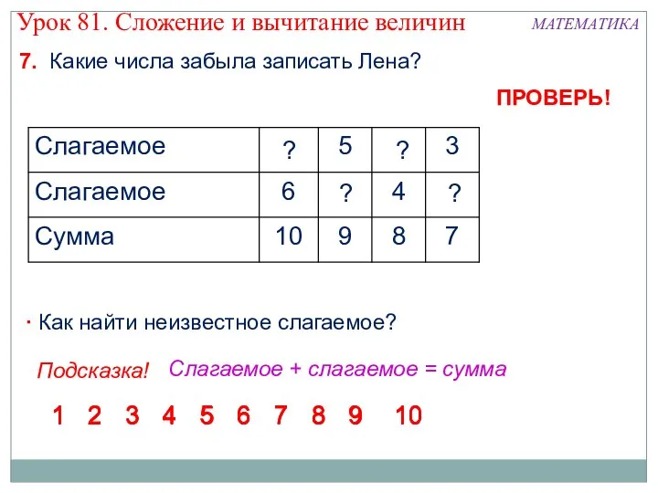 7. Какие числа забыла записать Лена? ? ? ? ? 