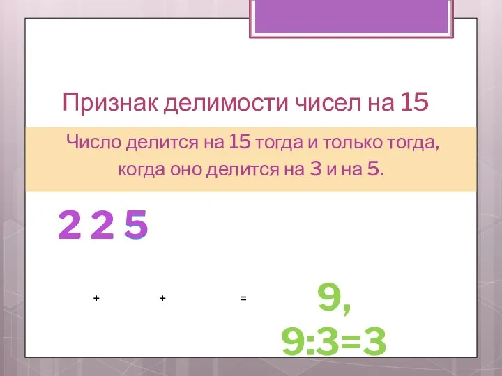 Признак делимости чисел на 15 Число делится на 15 тогда и