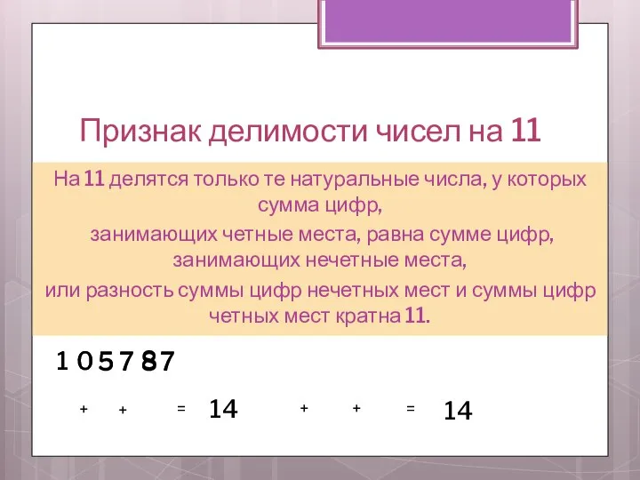Признак делимости чисел на 11 На 11 делятся только те натуральные